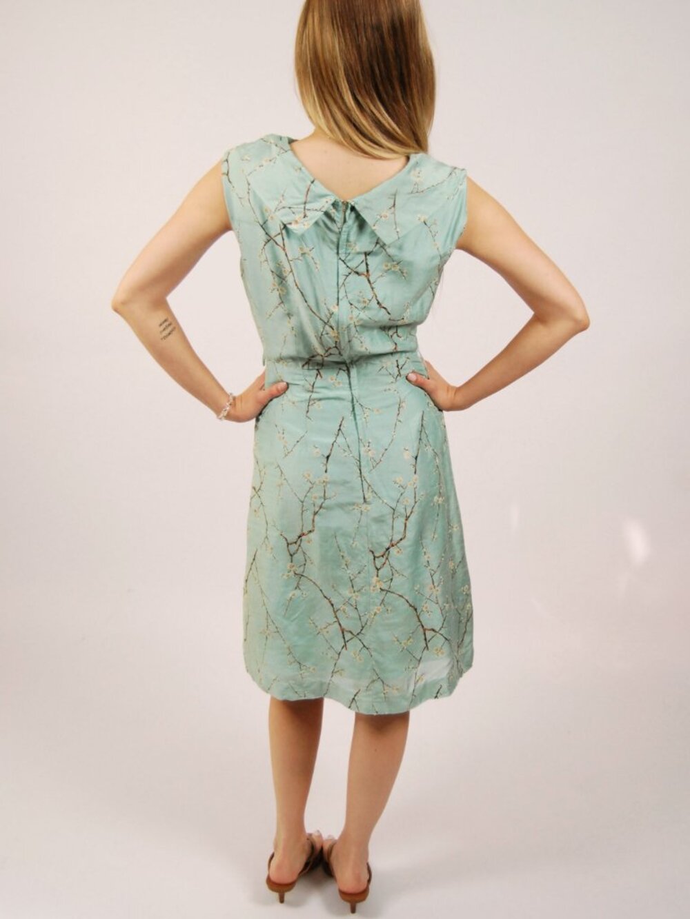 60s Sheath Dress (S) small light blue vintage midi floral collared mod - Picture 3 of 9